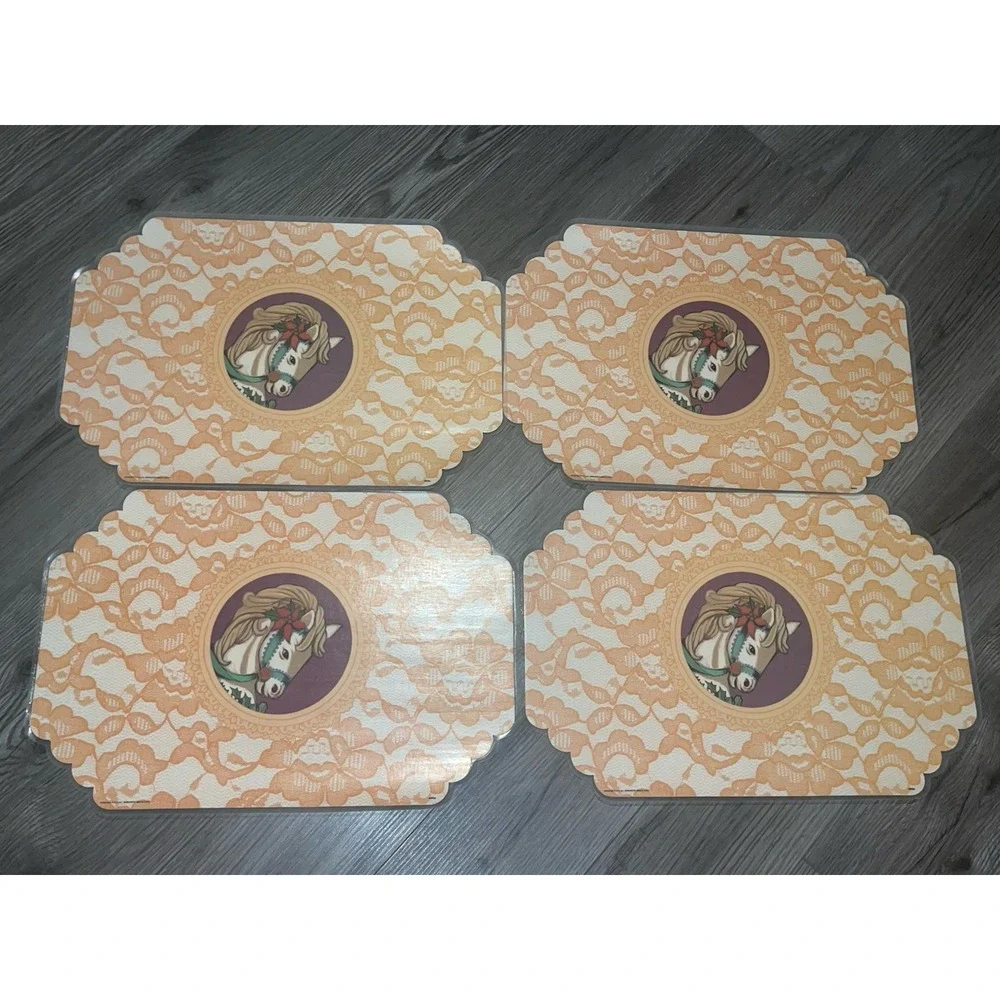 Vintage Reversible Set Of 4 Placemats W/ Carousel Horse Vinyl Made In‎ The USA